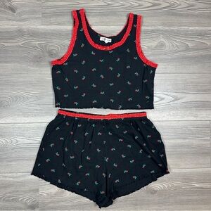 Love & Lazy Days Pajama Set L Black Red Rose Print Cotton Sleep Set Lace Trim
